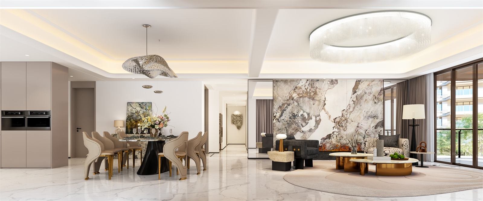 A Golden Hill living room, with the service route concealed behind the far wall.